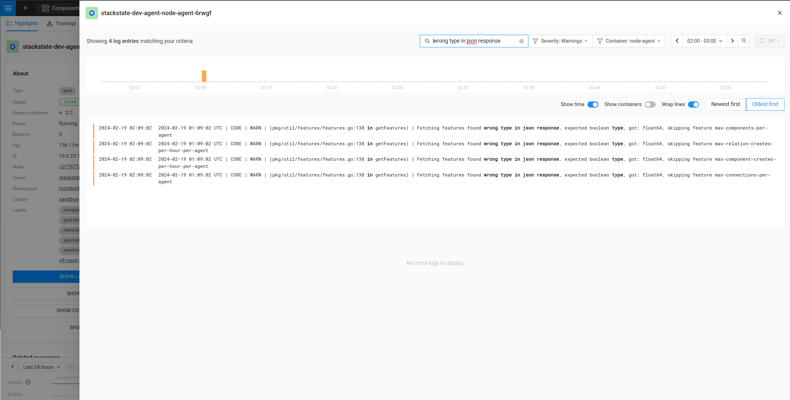 Vista de Registros de Kubernetes con filtros